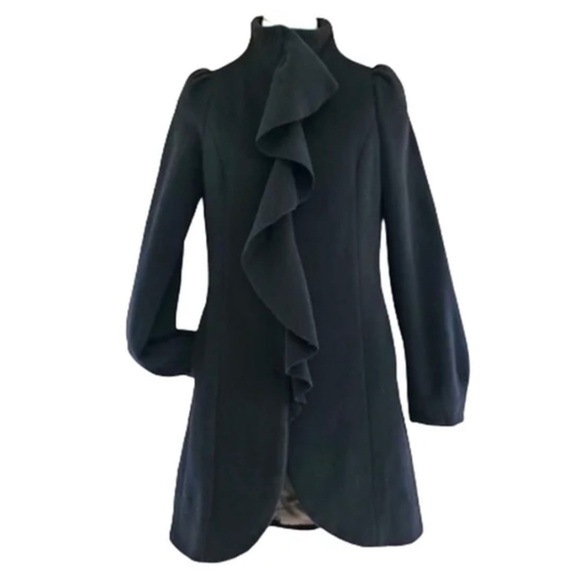 Sisley Cashmere Wool Pea Coat Jkt Blazer Black Velvet Soft Ruffle Snap Up Small - Picture 3 of 13